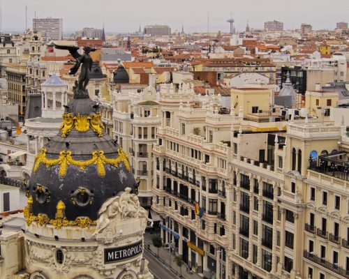 Spain, Madrid, Elevated view of the Metropolis Building.