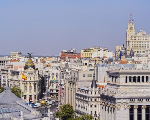Spain, Madrid, View from the Cybele Palace towards the Alcala Street and the Metropolis Building.