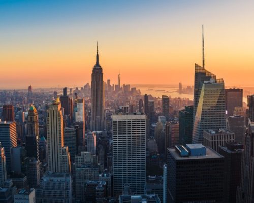 Aerial panoramic cityscape view of Manhattan, New York City at Sunset