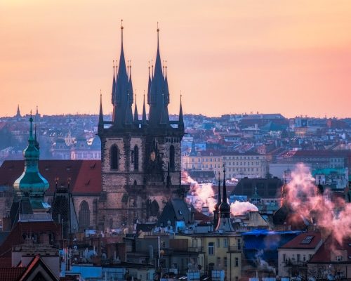 Scenic view of Prague old town cityscape at sunrise, Czech Republic, Europe