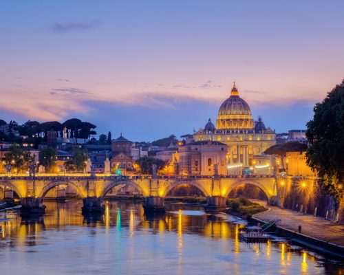 Famous citiscape view of St Peters basilica in Rome at sunset, Italy